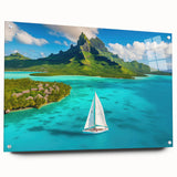 Acrylic glass print of a serene Bora Bora landscape with vibrant blue waters, ideal for bedroom or dining room decor.