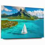 Large abstract wall art of Bora Bora coastline in muted blue and green tones on acrylic glass.