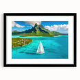Extra large, colorful abstract art print of a French Polynesian scenery on textured canvas, framed in black.