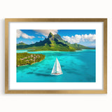 Extra large abstract art print of Bora Bora scenery with textured design in a gold frame, ideal for living room decor.