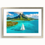 Textured abstract art print of French Polynesia's Bora Bora in muted blue and green tones on a framed silver canvas.