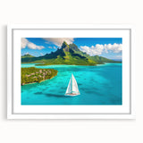 Abstract art print of French Polynesia's Bora Bora in muted blue and green tones on a framed white mat.