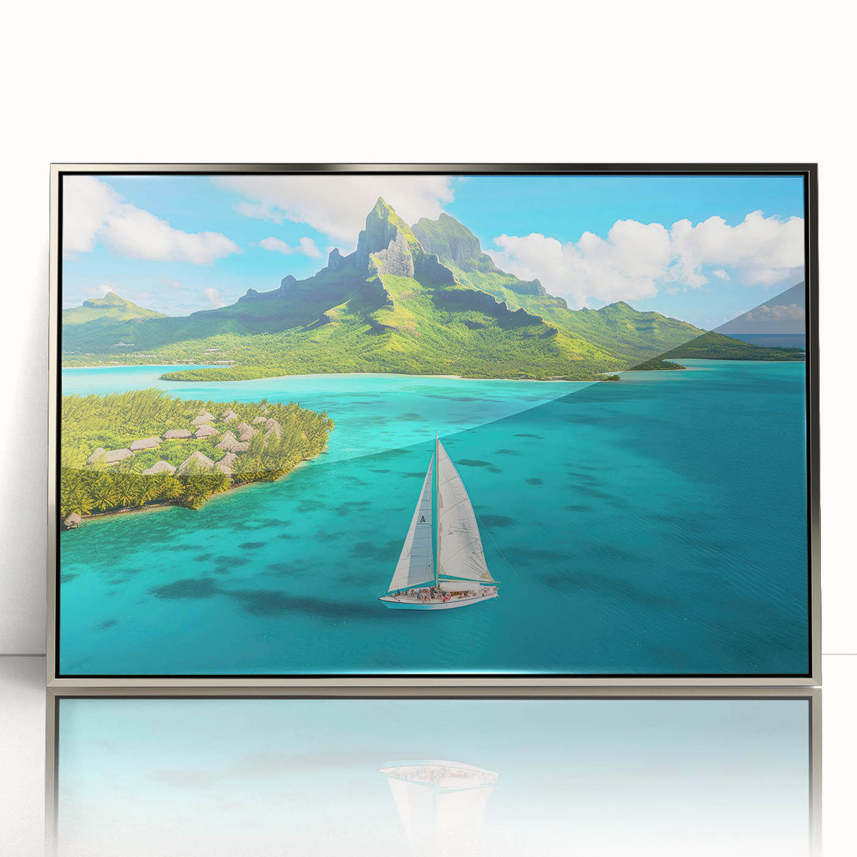 Mid-century modernist art depicting the serene Bora Bora landscape in muted blue and green tones, framed acrylic.