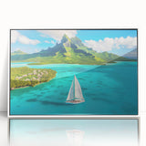 Acrylic print of Bora Bora with serene blue water and lush green islands, framed in white, ideal for modern art wall decor.