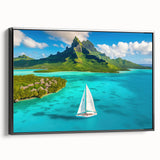 Black and white framed canvas of Bora Bora landscape with vintage poster art style, ideal for bedroom decor.