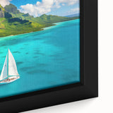 Extra large framed canvas featuring a black and colorful textured depiction of Bora Bora, ideal for living room decor.