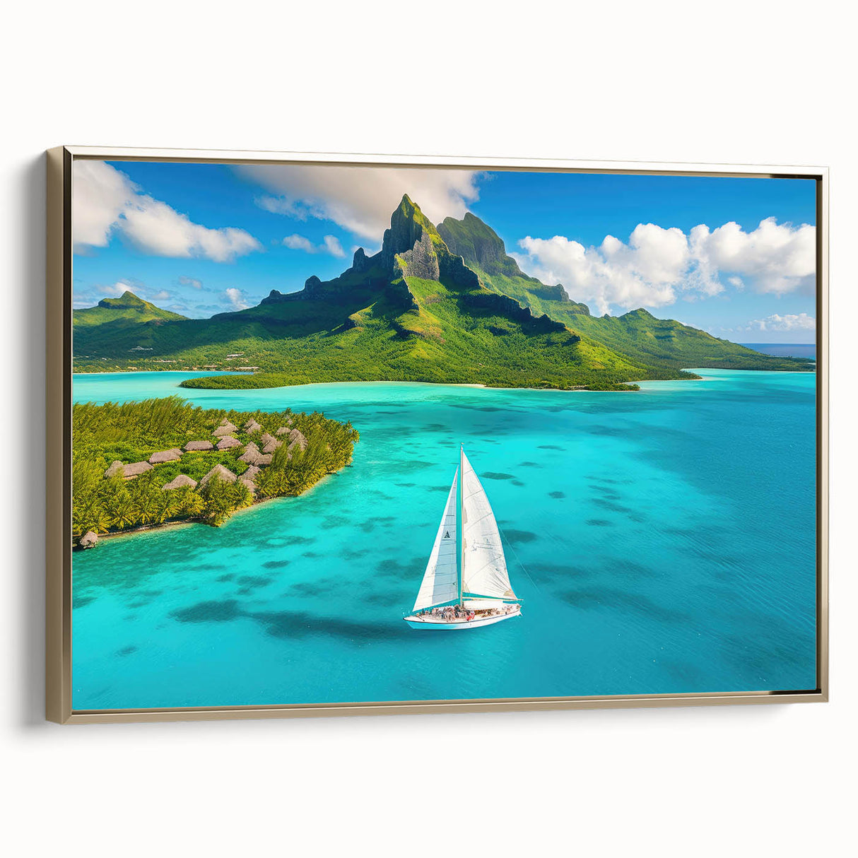 Framed canvas of a serene Bora Bora landscape with muted blue and green tones, ideal for bedroom wall art.