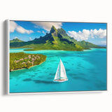 Vintage poster art of Bora Bora with vivid blue waters and lush greenery on a framed canvas, ideal for living room decor.