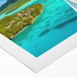 Art deco poster of Bora Bora with pastel blue and green hues on rolled canvas, suitable for dining room wall art.