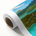 Art Deco style poster of Bora Bora with muted blue and green tones on rolled canvas, ideal for nursery wall art.