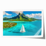 Extra large rolled print of Bora Bora scenery with vibrant blue ocean and sky, ideal for art wall dining room.