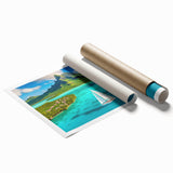 Rolled print of Bora Bora scenery with lush florals and serene blue ocean, ideal for classy bathroom wall art.