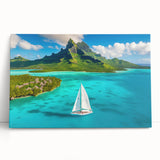 Black and white stretched canvas of Bora Bora scenery, ideal for kitchen wall art or bedroom ambiance.