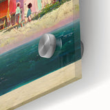 Mid-century modernist acrylic print of a Tahitian landscape in vibrant blues and greens, ideal for dining room art.