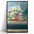 Large abstract wall art of a Tahitian landscape in vibrant blues and greens, framed in black acrylic.