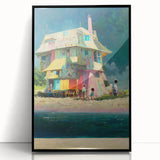 Large abstract wall art of a Tahitian landscape in vibrant blues and greens, framed in black acrylic.