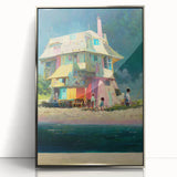 Mid-century modernist art depicting a serene Tahitian landscape on a silver-framed acrylic print.