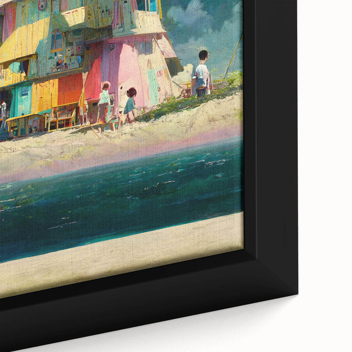 Black wall art featuring a textured, colorful Tahitian landscape on an extra-large framed canvas.