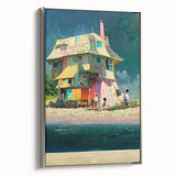 Framed canvas landscape art painting featuring a vintage-style Tahiti beach scene with colorful art and black accents.