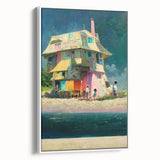 Vintage poster art of Tahiti with colorful scenery on a large framed canvas, ideal for living room decor.