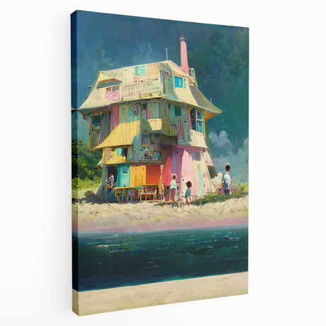 Stretched canvas depicting a serene Tahitian landscape in cool blue and green tones, ideal for kitchen wall art.
