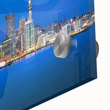 Large abstract wall art of Auckland's horizon in muted blue and green tones on acrylic glass, ideal for dining room art.