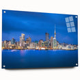 Acrylic print of Auckland skyline in muted blue and gray tones, ideal for bedroom or dining room decor.