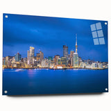 Acrylic print of Auckland skyline in muted blue and gray tones, ideal for bedroom or dining room decor.