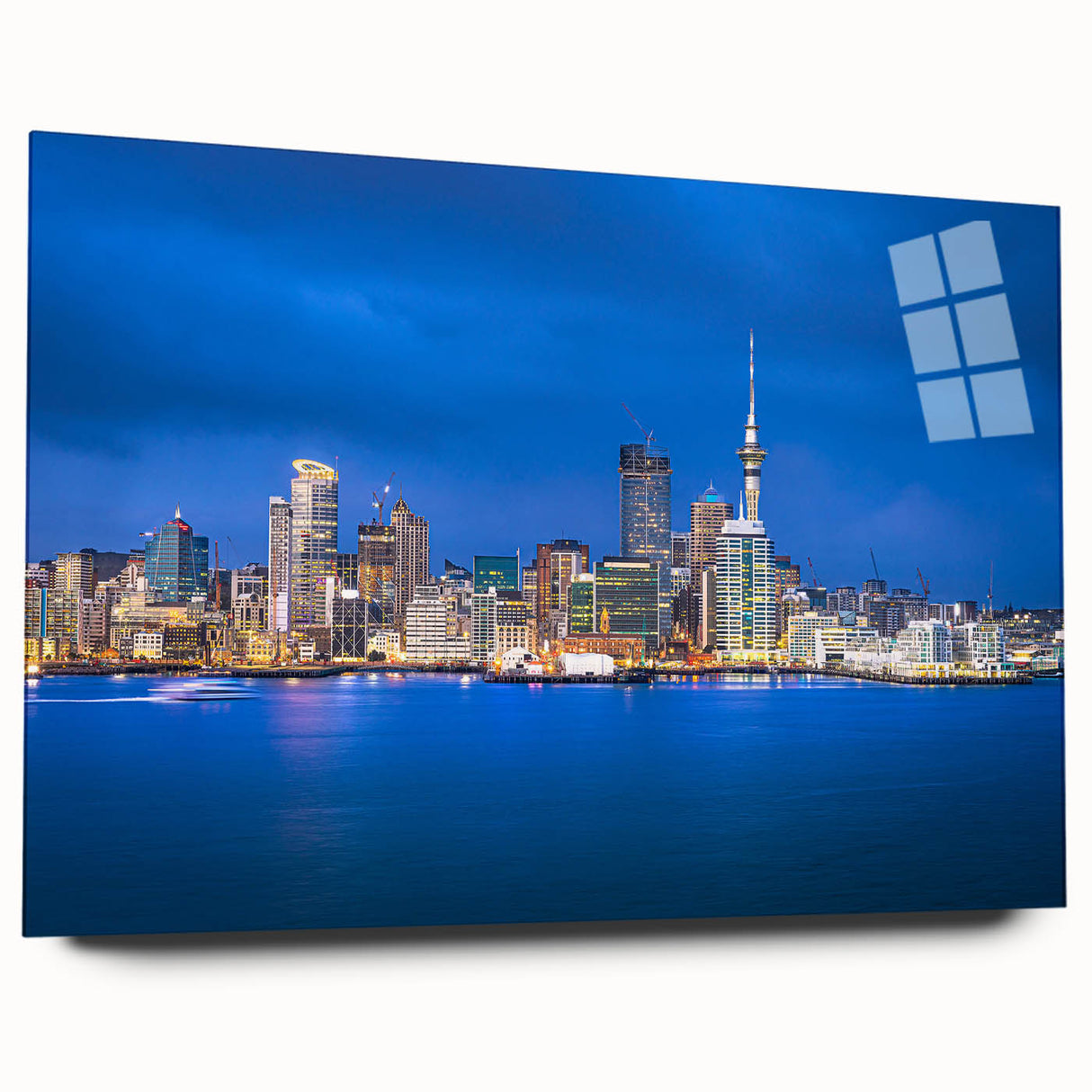 Large abstract depiction of Auckland skyline in muted blue tones on acrylic glass, suitable for bedroom or dining room art.