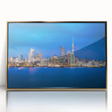 Mid-century modernist Auckland skyline in muted colors on a framed acrylic print, suitable for modern art wall decor.