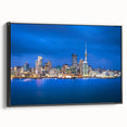 Black and white framed canvas of Auckland landscape, ideal for bedroom wall art.