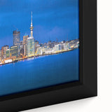 Extra large framed canvas of Auckland skyline in black with colorful, textured details, ideal for living room decor.