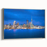Framed canvas of a vintage-style landscape art painting depicting Auckland’s coastline in muted colors.