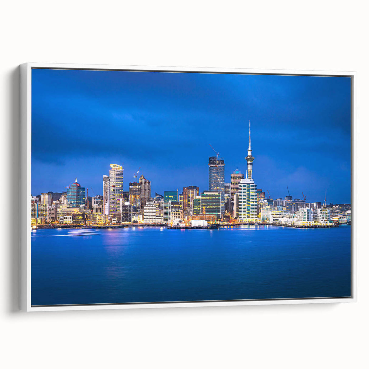 Vintage poster art of Auckland skyline in colorful hues on extra large framed canvas, suitable for living room decor.