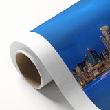 Art Deco style poster of Auckland skyline in muted blue and gray tones on rolled canvas, ideal for nursery wall art.