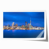 Auckland skyline in muted gray and blue tones on a rolled canvas, suitable for art wall dining room.