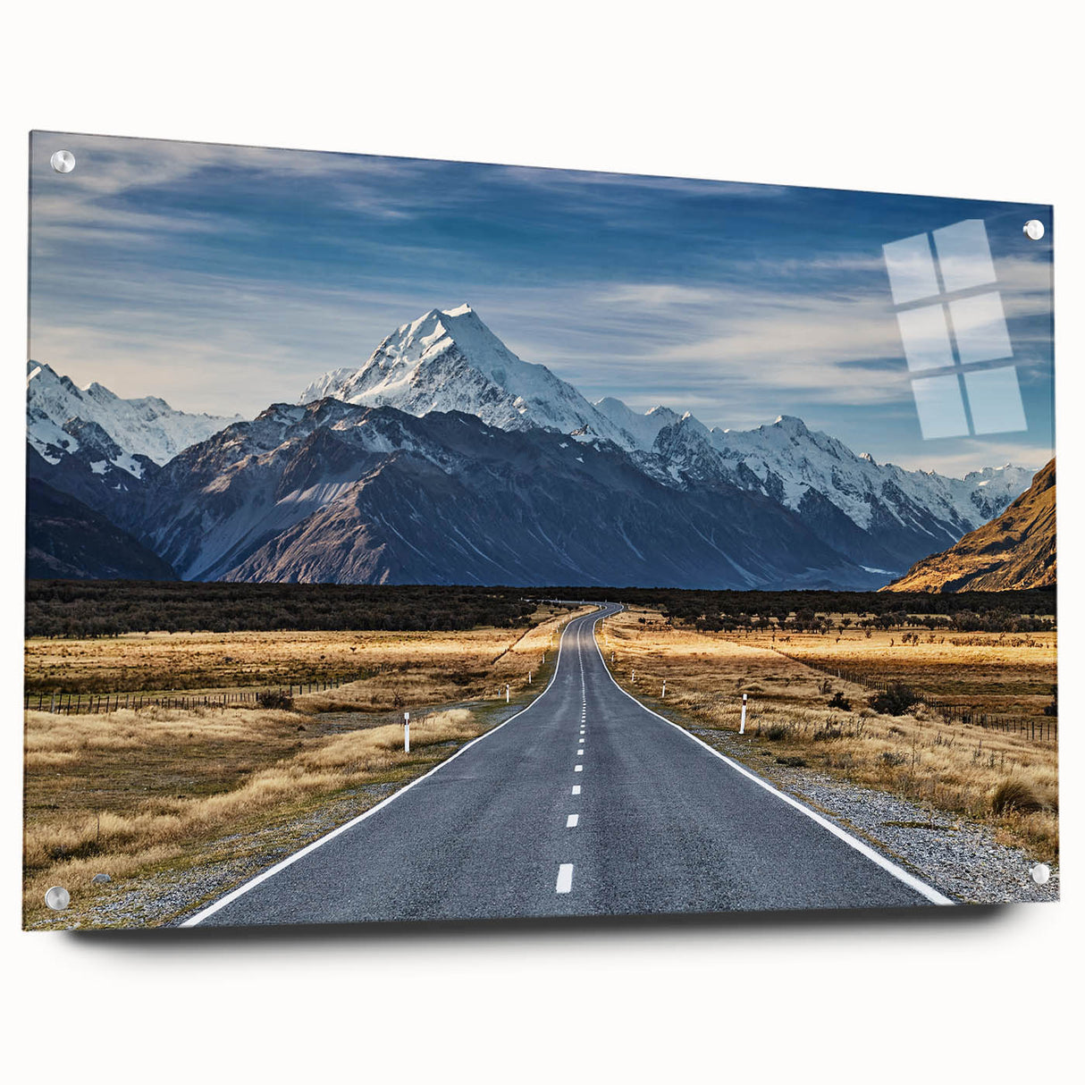 Large abstract wall art of Canterbury, New Zealand in muted blue and green tones on acrylic glass.