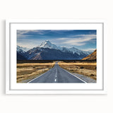 Abstract art print of New Zealand's Canterbury scenery in muted earth tones, framed with a white mat.