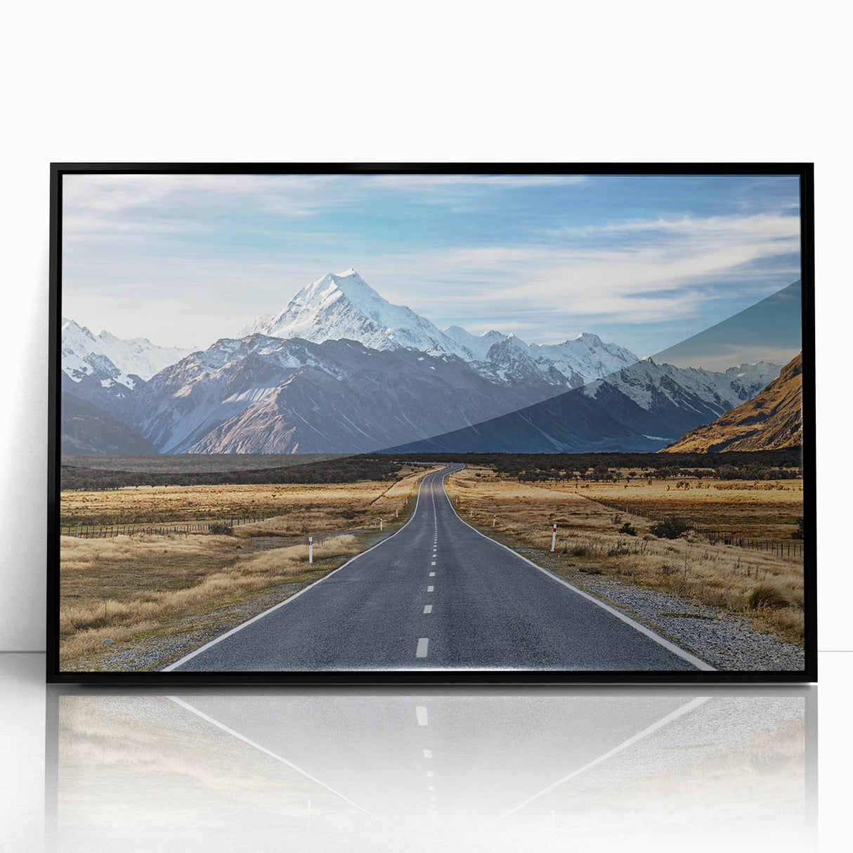 Large abstract wall art depicting New Zealand's Canterbury scenery in muted earth tones on a black-framed acrylic print.