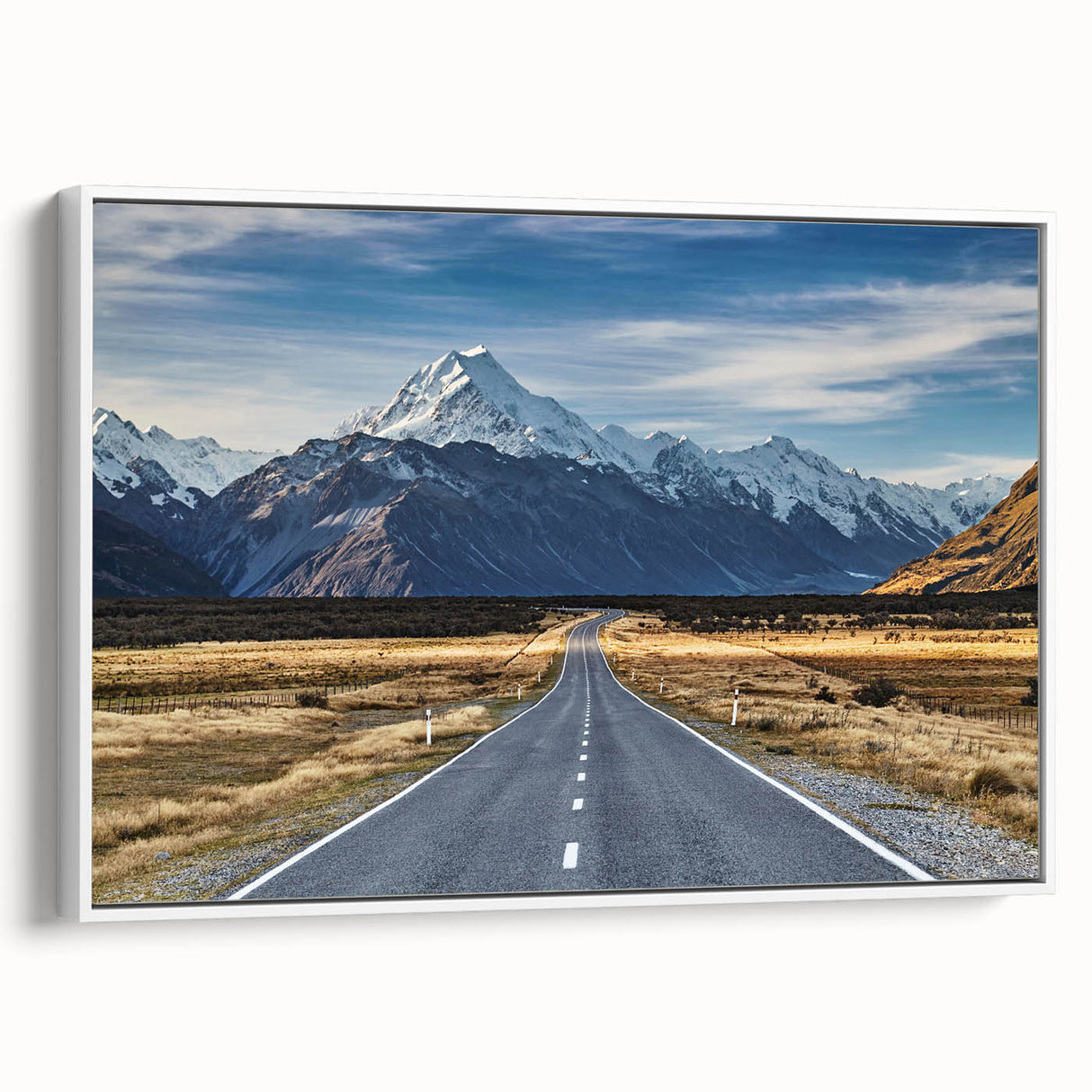 Vintage poster art of Canterbury, New Zealand scenery on a framed canvas, featuring a palette of vibrant colors.