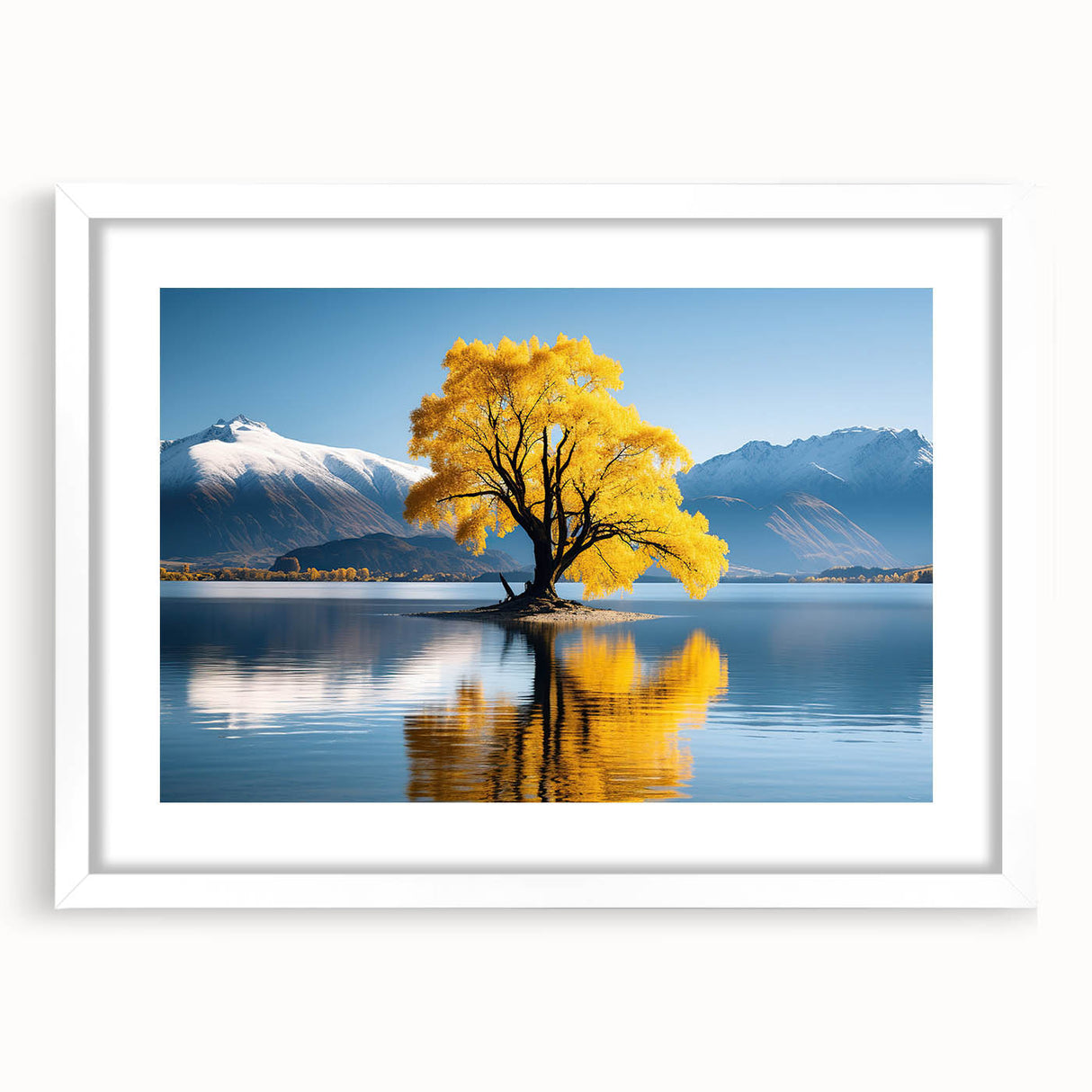 Abstract art print depicting the Otago, New Zealand coast in muted blue and green tones on a white framed canvas.
