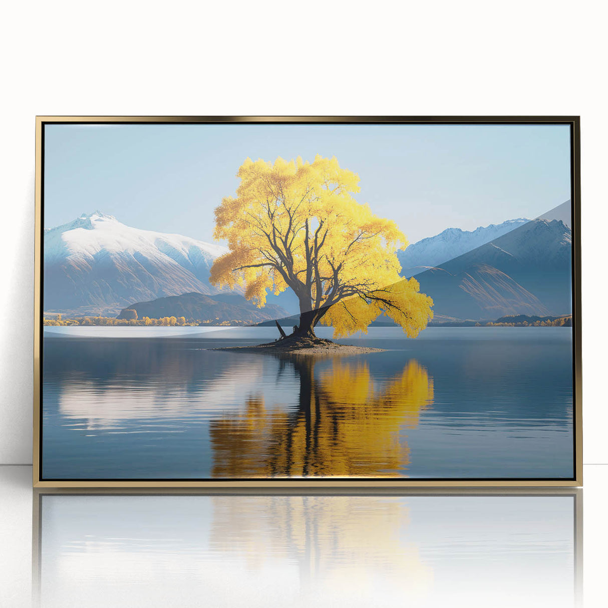 Framed acrylic print of Otago, New Zealand scenery in mid-century modernist style, with muted earth tones.