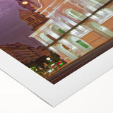 Art deco poster of Buenos Aires skyline in muted silver and blue tones on rolled canvas, suitable for dining room wall art.
