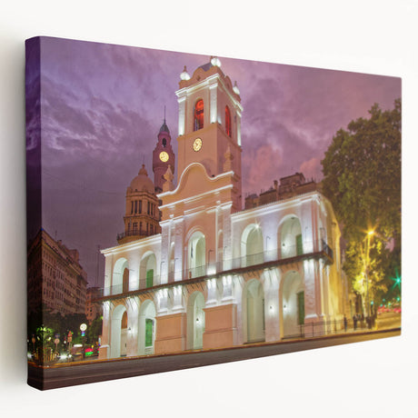 Side view of a stretched canvas featuring a muted color palette of Buenos Aires scenery, ideal for kitchen wall art.