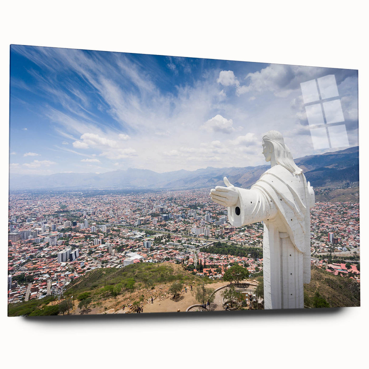 Large abstract wall art print of South American scenery on acrylic glass, featuring earthy tones.