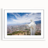 Abstract art print of a Bolivian landscape in muted earth tones on a framed white mat, suitable for dining room decor.