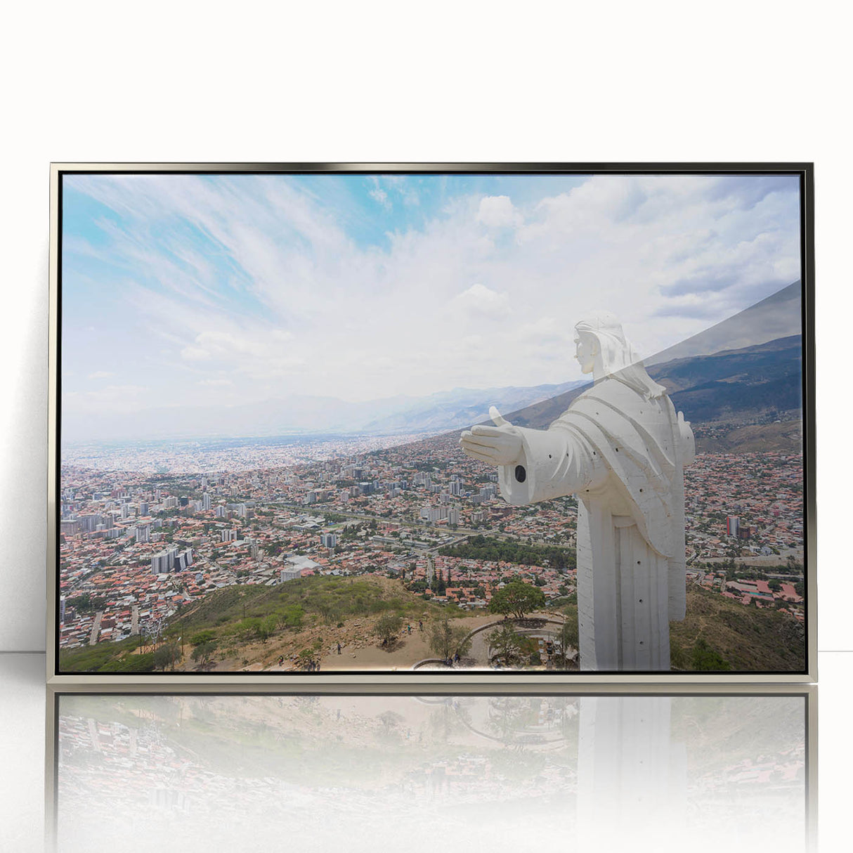 Mid-century modernist art depicting a Bolivian landscape in muted earth tones on a framed acrylic print.