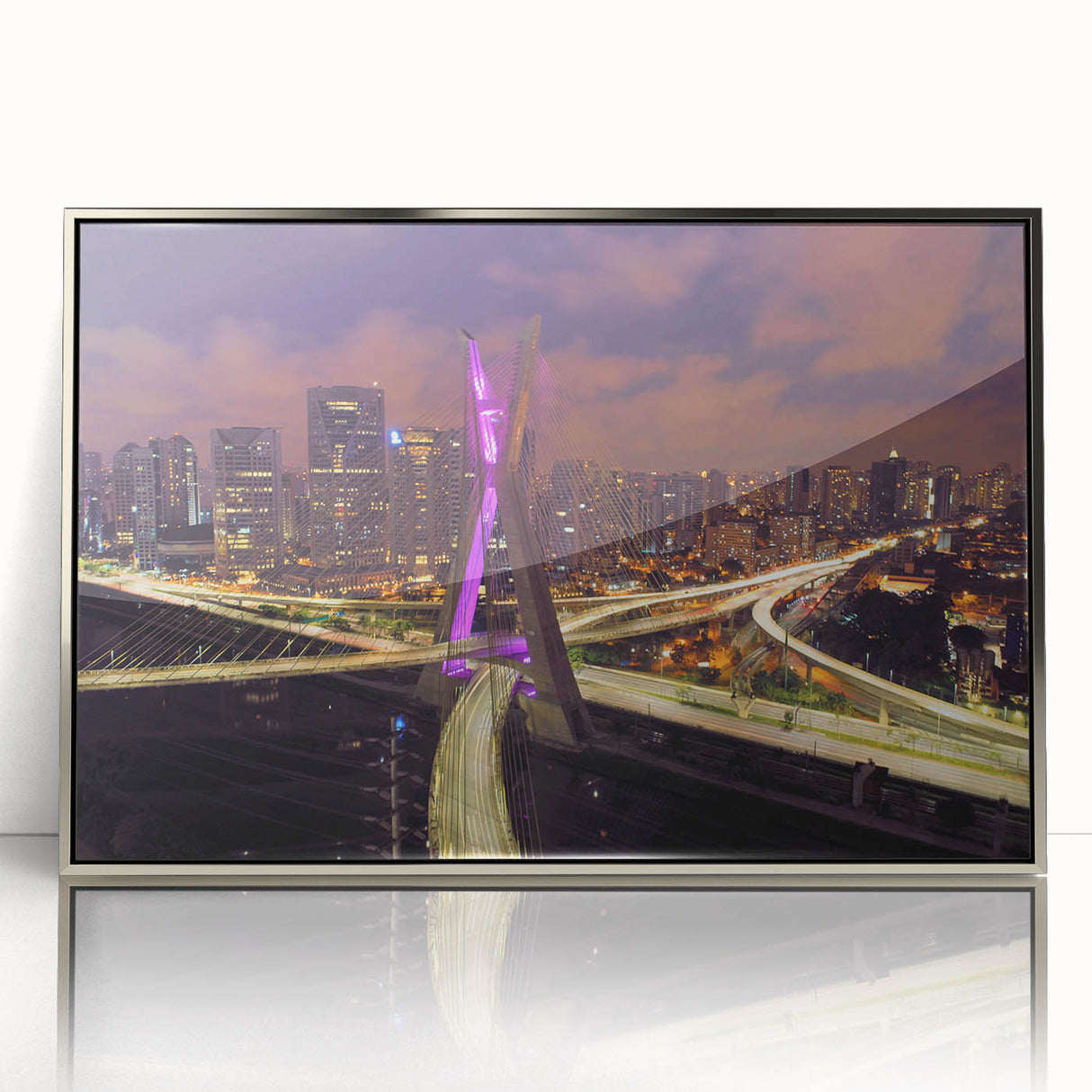 Mid-century modernist art depicting a vibrant Brazilian landscape on a silver-framed acrylic print.