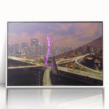 Art deco poster featuring a stylized Brazilian landscape in muted greens and blues, framed in white acrylic.