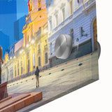 Large abstract wall art of Santiago's skyline in muted gray and blue tones on acrylic glass, suitable for dining room decor.
